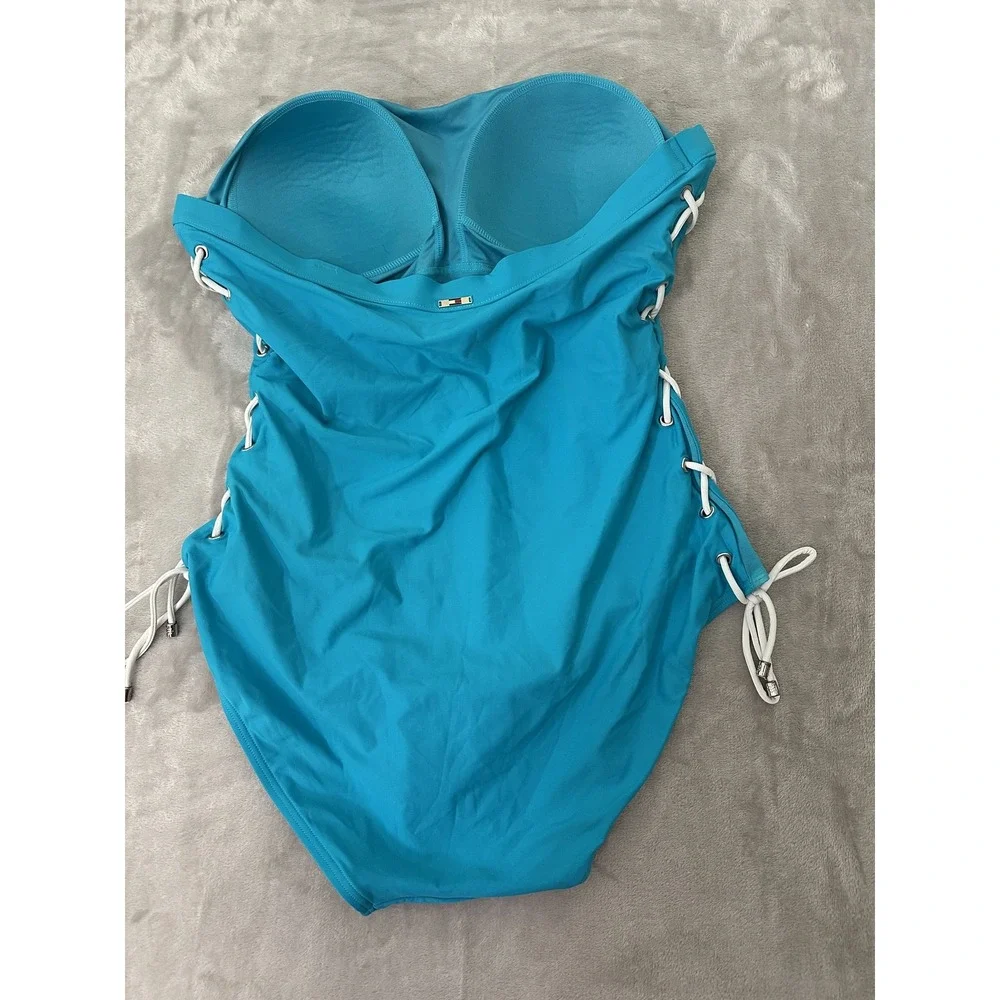 Tommy Hilfiger Swimsuit Womens 16 Blue One Piece Lace Up‎ Bandeau Strapless Swim